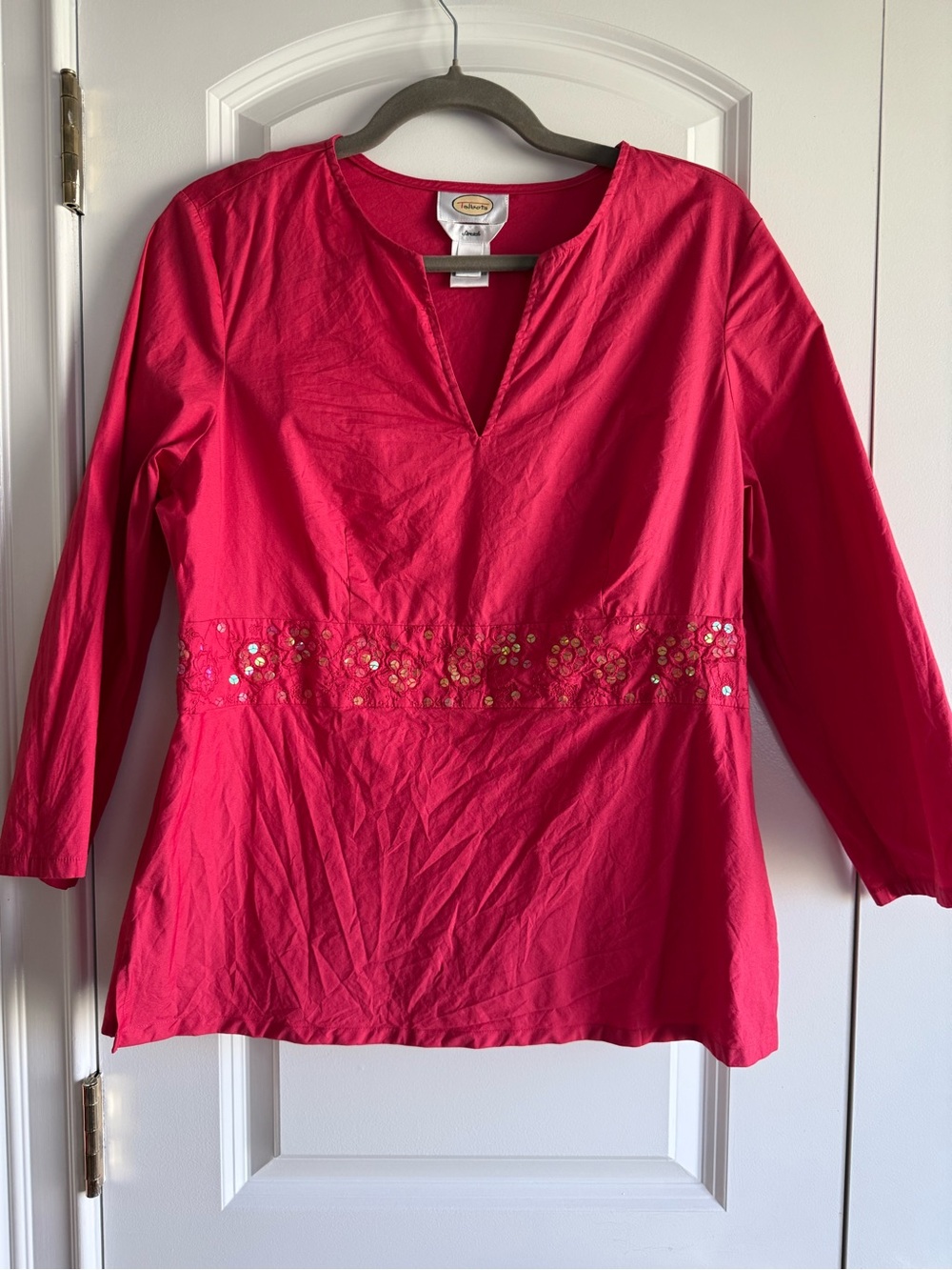 Talbots Stretch Cotton Blend Pink Embroidered Split-Neck Tunic, sz. M, EUC!